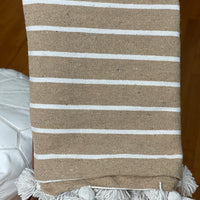 POM POM BLANKET- BEIGE WITH WHITE LINES