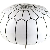 MOROCCAN LEATHER POUF WHITE/BLACK STITCHING