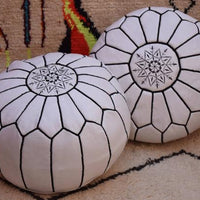 MOROCCAN LEATHER POUF WHITE/BLACK STITCHING