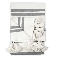 BERBER POM POM BLANKET - BEIGE & GREY STRIPES