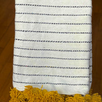 POM POM BLANKET WHITE WITH BLACK STRIPES & MUSTARD TASSELS