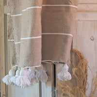 POM POM BLANKET- BEIGE WITH WHITE LINES