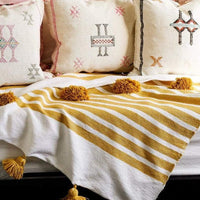 BERBER POM POM BLANKET - MUSTARD & WHITE