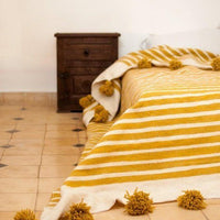 BERBER POM POM BLANKET - MUSTARD & WHITE
