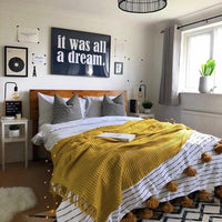 POM POM BLANKET WHITE WITH BLACK STRIPES & MUSTARD TASSELS