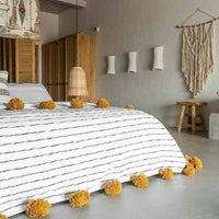 POM POM BLANKET WHITE WITH BLACK STRIPES & MUSTARD TASSELS