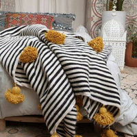 BERBER POM POM BLANKET - BLACK - MUSTARD
