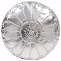 MOROCCAN LEATHER POUF METALIC SILVER