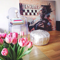 MOROCCAN LEATHER POUF METALIC SILVER