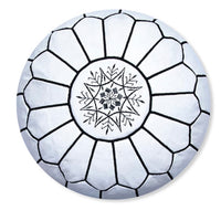 MOROCCAN LEATHER POUF WHITE/BLACK STITCHING