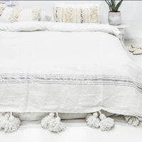BERBER POM POM BLANKET - WHITE WITH GREY STRIPES