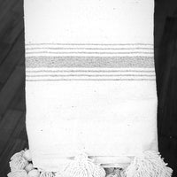 BERBER POM POM BLANKET - WHITE WITH GREY STRIPES