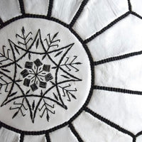 MOROCCAN LEATHER POUF WHITE/BLACK STITCHING