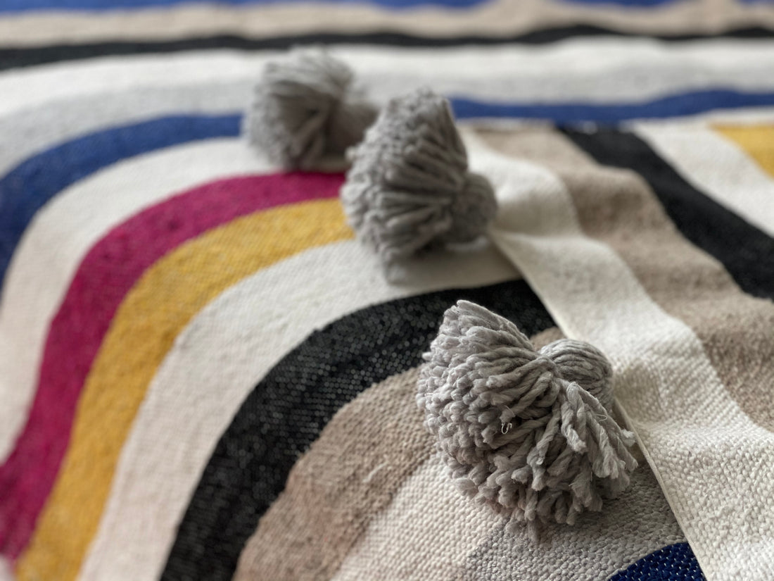 BERBER POM POM BLANKET COLOURFUL STRIPES