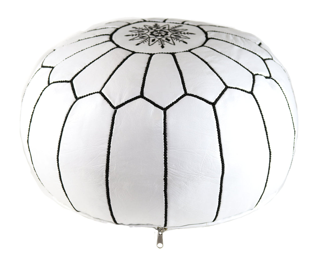MOROCCAN LEATHER POUF WHITE/BLACK STITCHING