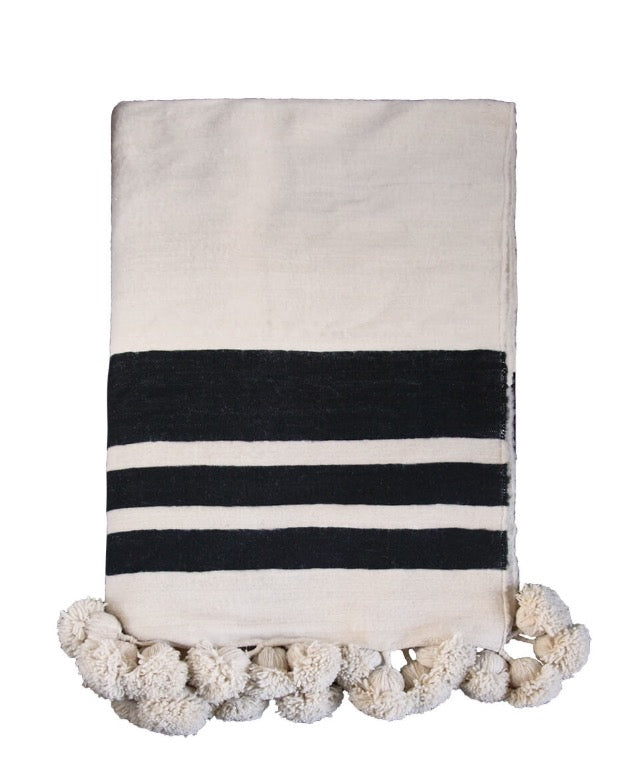 BERBER POM POM BLANKET BLACK & WHITE