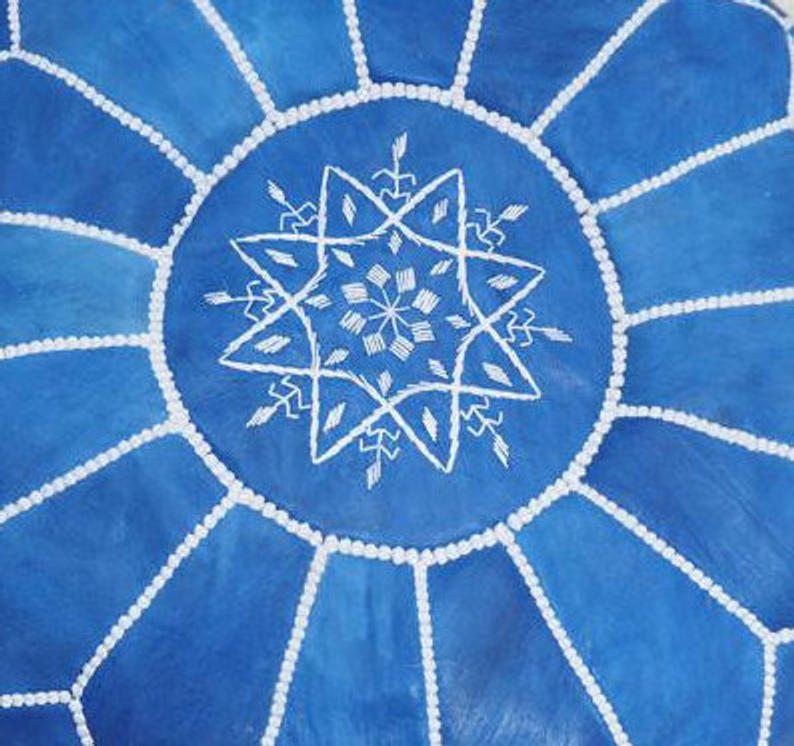 MOROCCAN LEATHER POUF  ROYAL BLUE