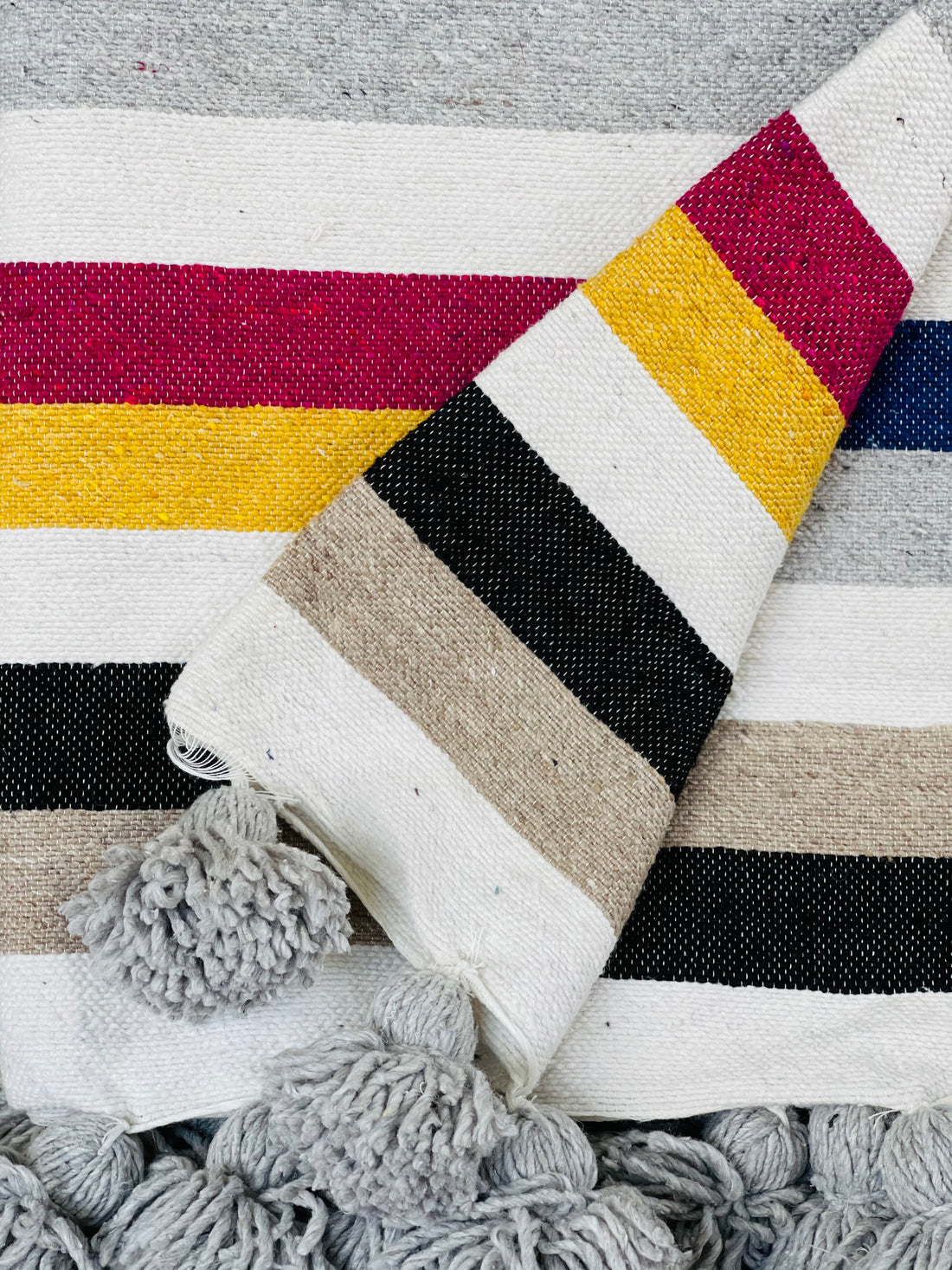 BERBER POM POM BLANKET COLOURFUL STRIPES