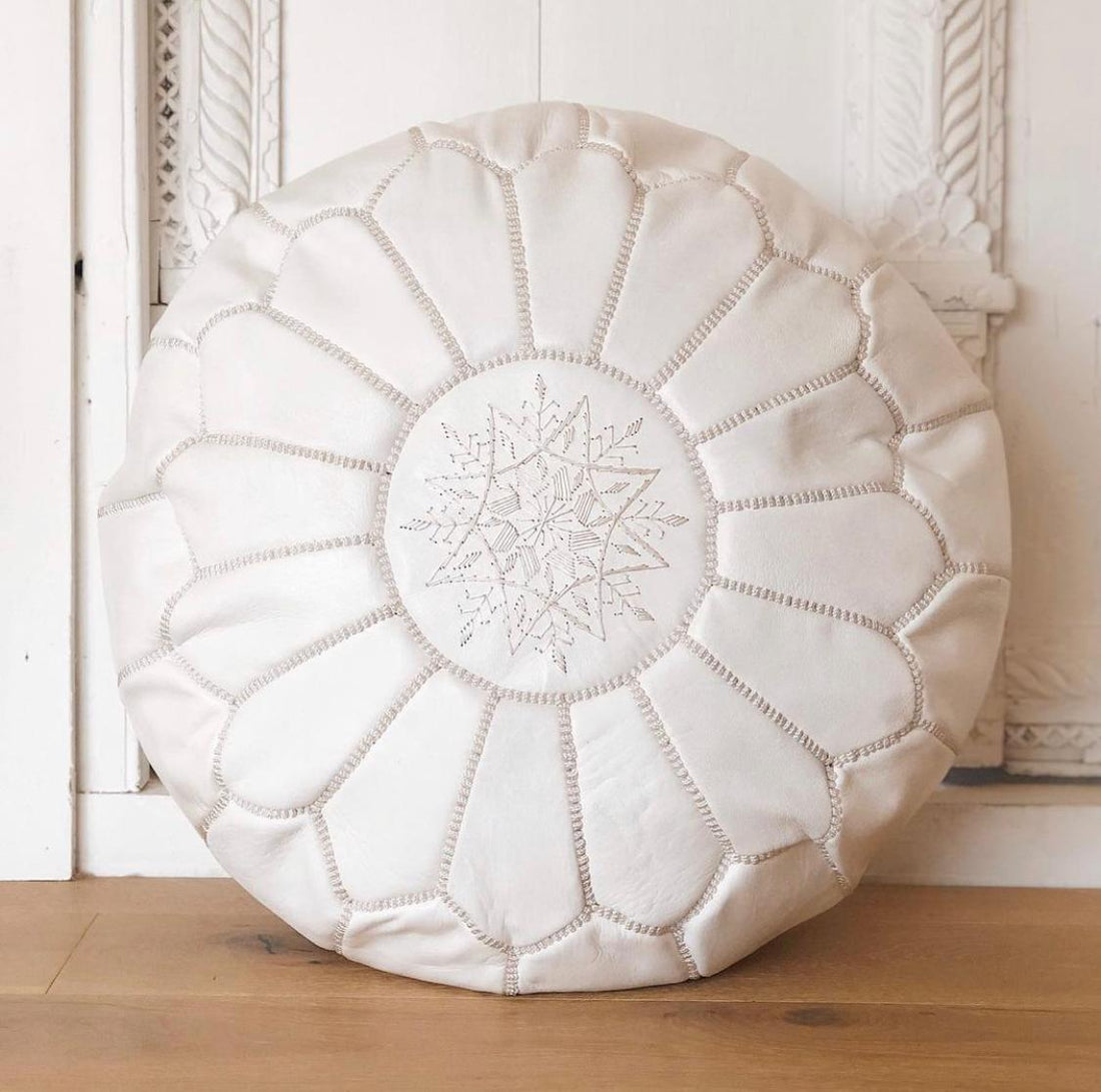 MOROCCAN LEATHER POUF  WHITE