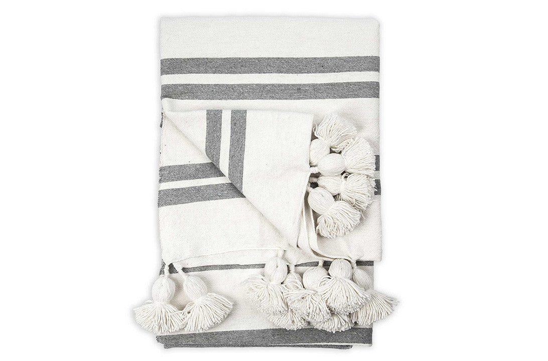 BERBER POM POM BLANKET - BEIGE & GREY STRIPES
