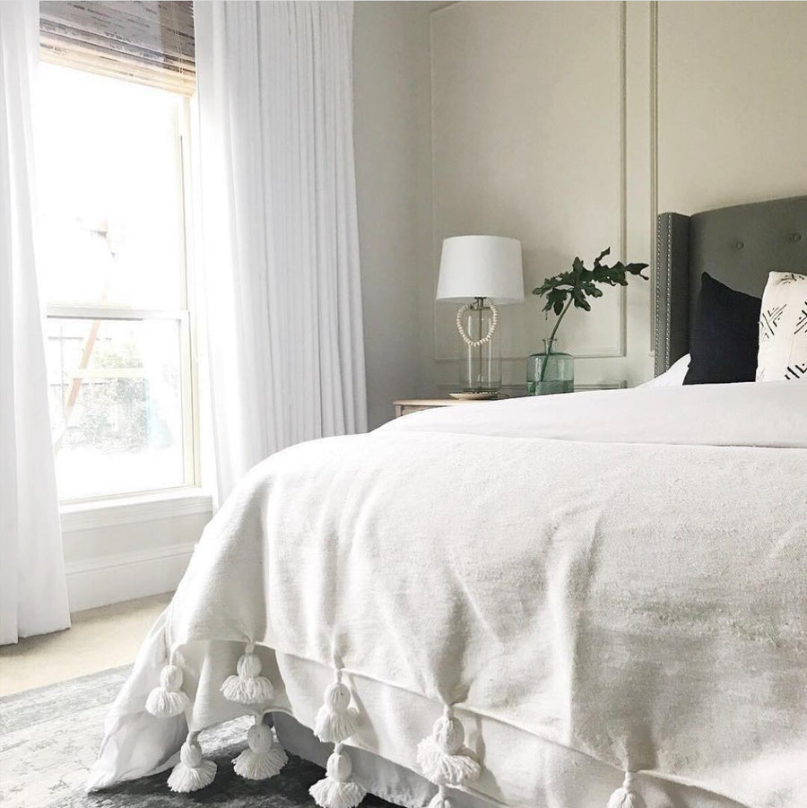 POM POM BLANKET/THROW WHITE