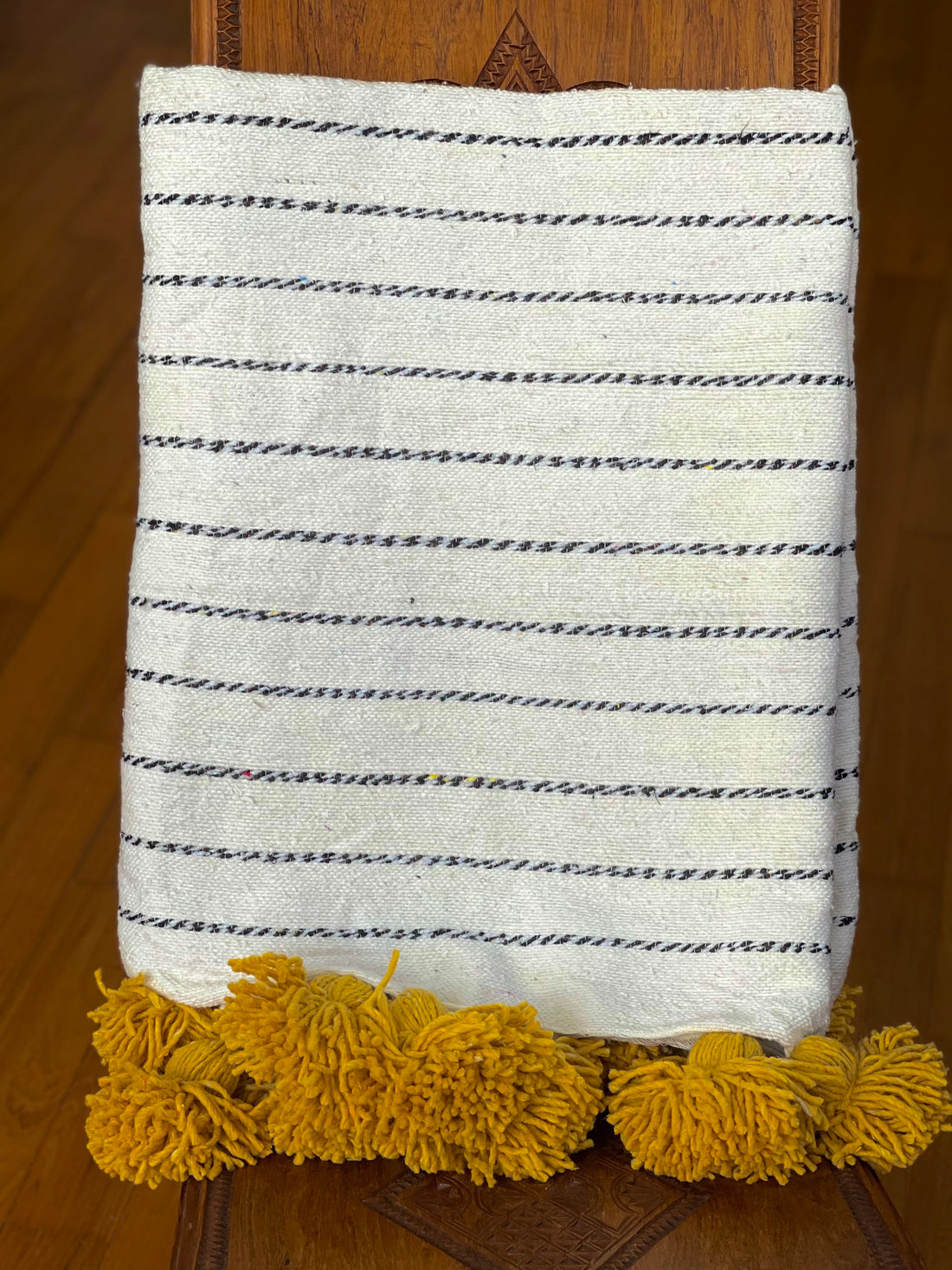 POM POM BLANKET WHITE WITH BLACK STRIPES & MUSTARD TASSELS