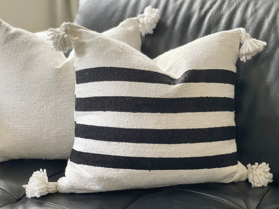 POMPOM CUSHION BLACK STRIPES