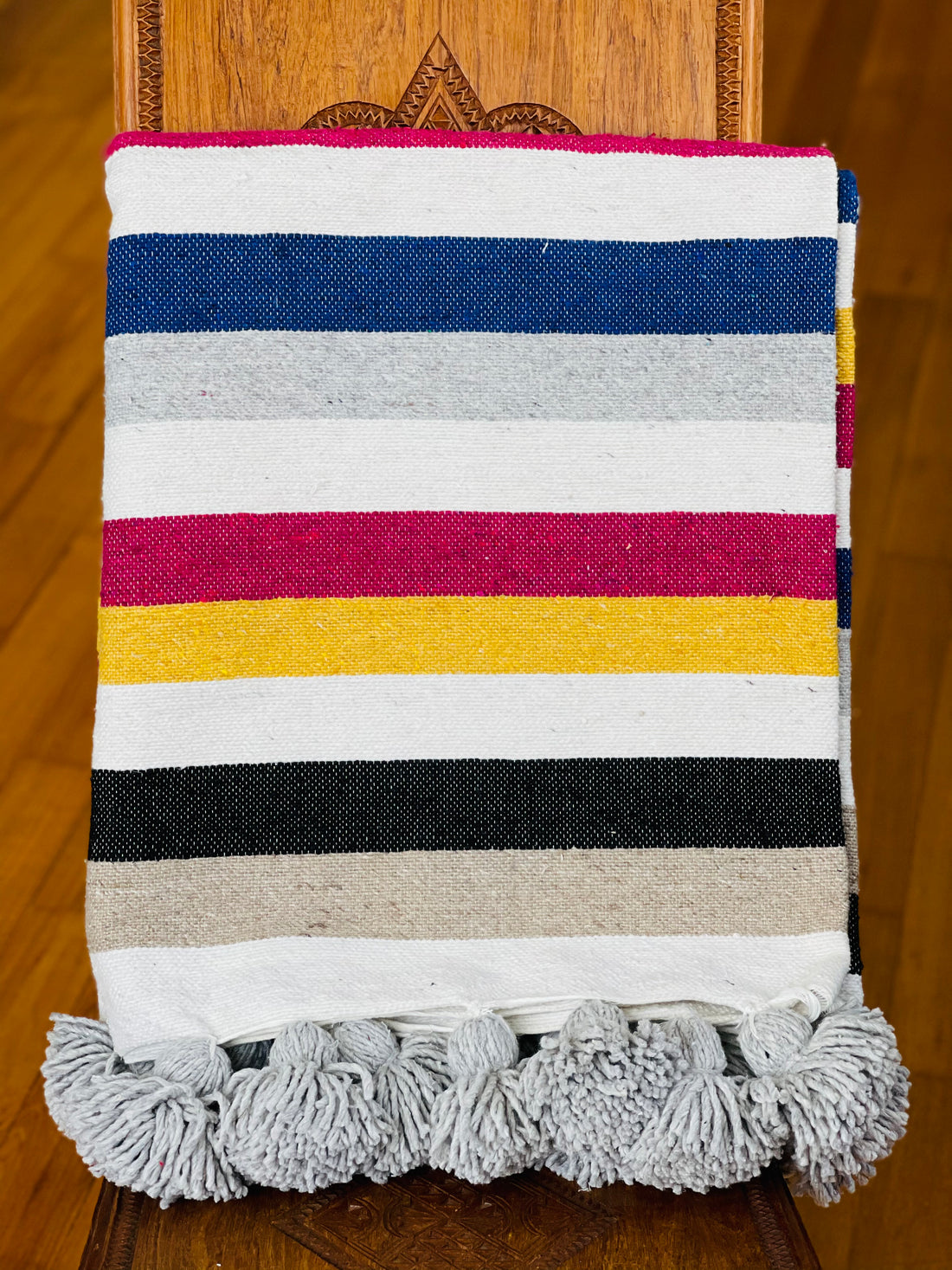 BERBER POM POM BLANKET COLOURFUL STRIPES