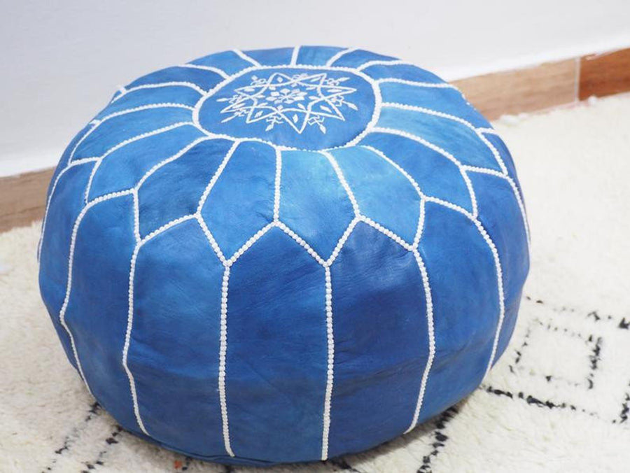 MOROCCAN LEATHER POUF  ROYAL BLUE