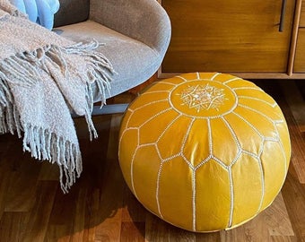 MOROCCAN LEATHER POUF  MUSTARD