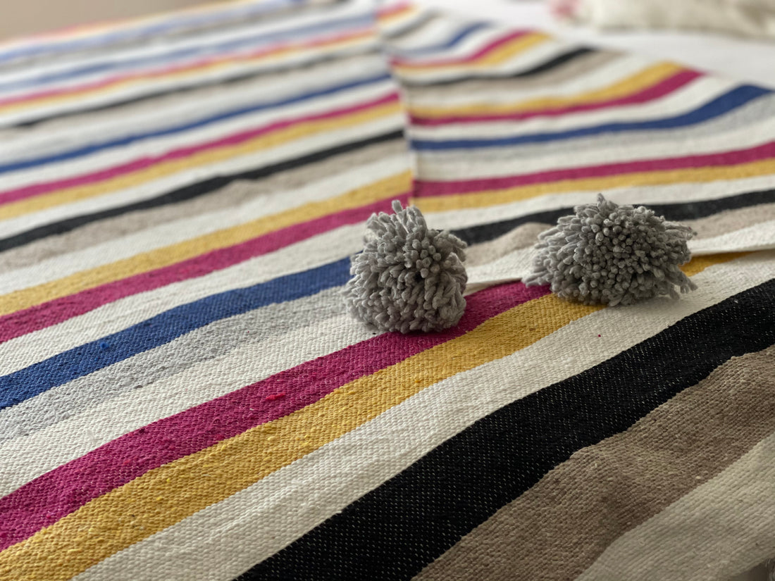 BERBER POM POM BLANKET COLOURFUL STRIPES