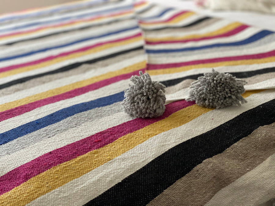 BERBER POM POM BLANKET COLOURFUL STRIPES
