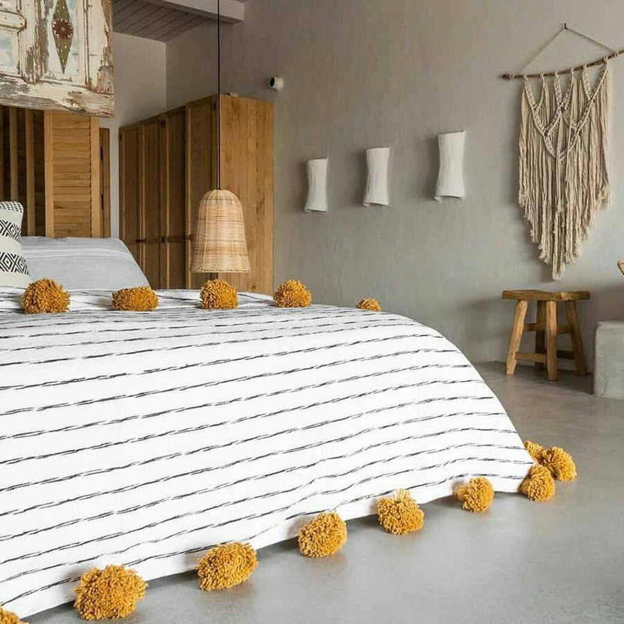 POM POM BLANKET WHITE WITH BLACK STRIPES & MUSTARD TASSELS