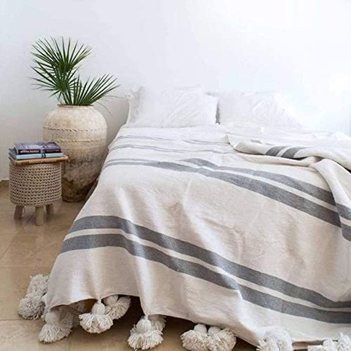 BERBER POM POM BLANKET - BEIGE & GREY STRIPES