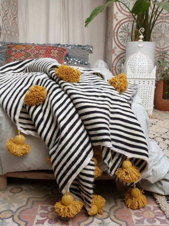 BERBER POM POM BLANKET - BLACK -  MUSTARD