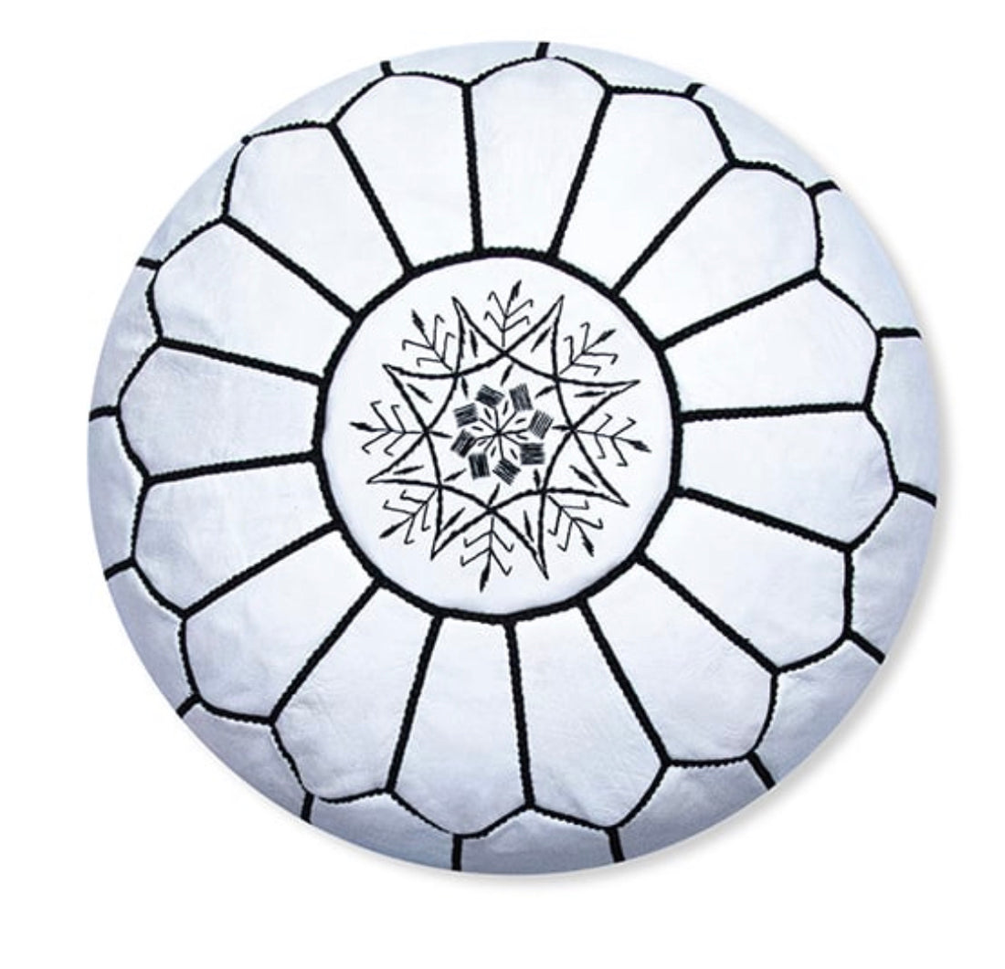 MOROCCAN LEATHER POUF WHITE/BLACK STITCHING
