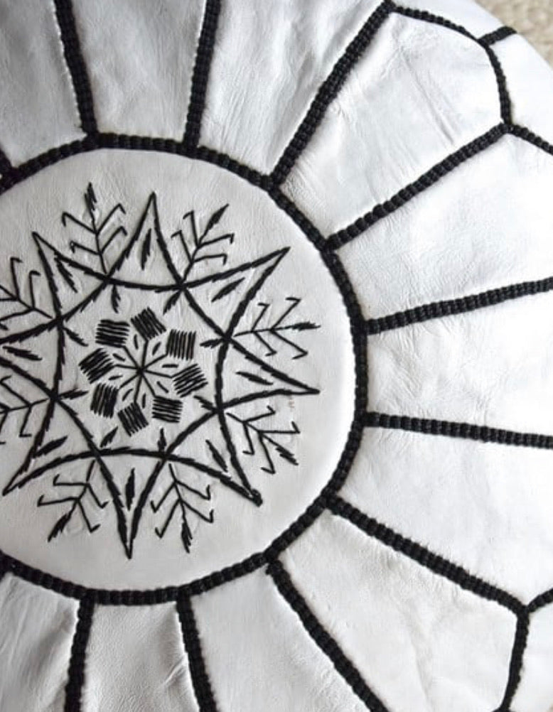 MOROCCAN LEATHER POUF WHITE/BLACK STITCHING