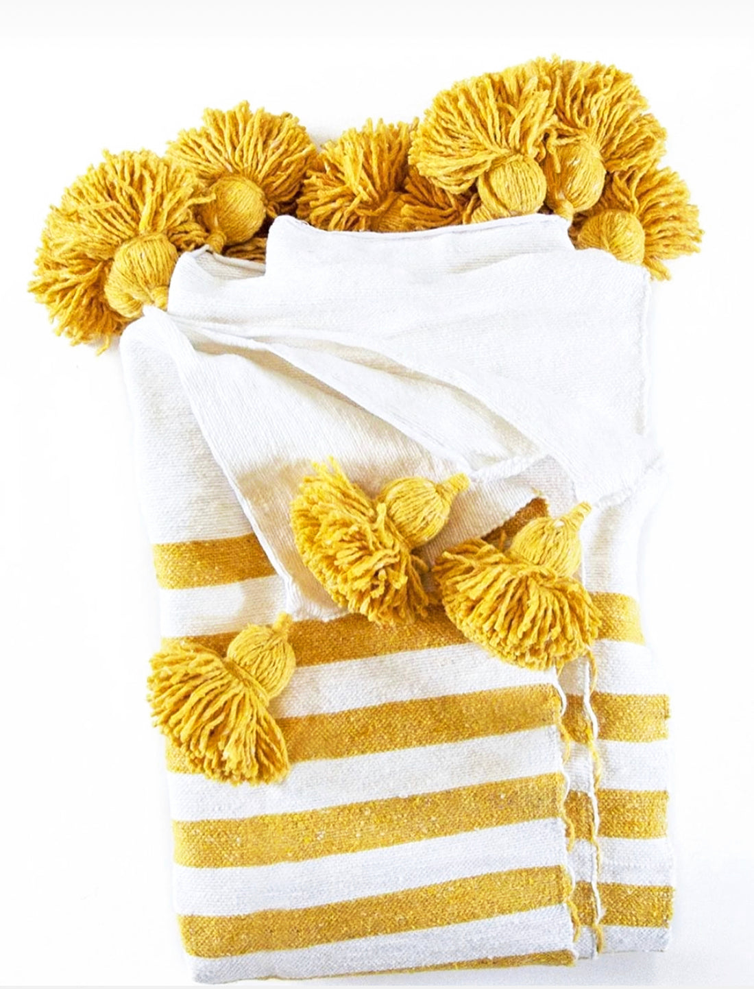 BERBER POM POM BLANKET - MUSTARD & WHITE