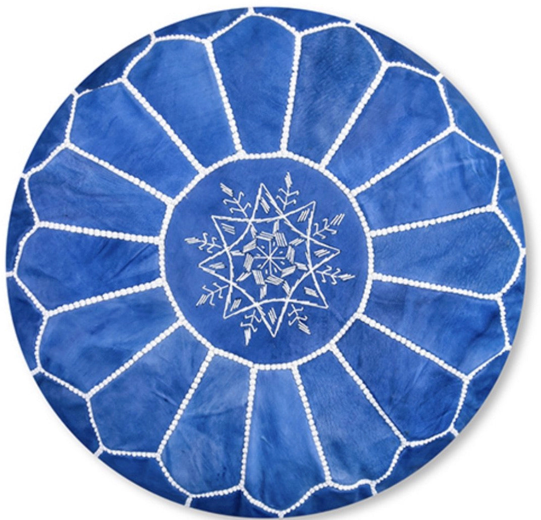 MOROCCAN LEATHER POUF  ROYAL BLUE