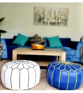 MOROCCAN LEATHER POUF  ROYAL BLUE